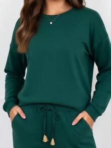 Women's Casual Long Sleeve Pants Set With Drawstring - Comfortable Winter/Autumn Fashion Blogger Style - 墨綠色 - 查看 2