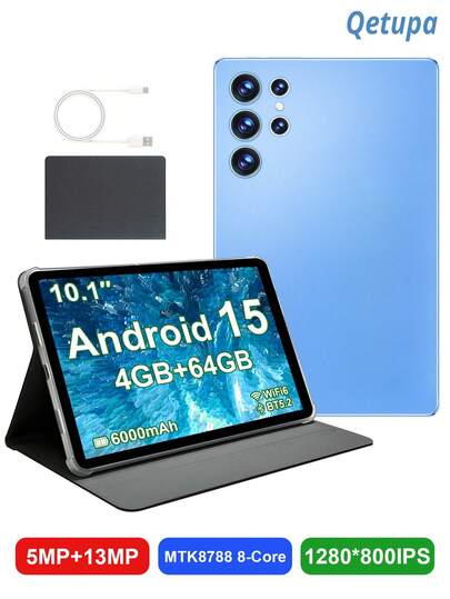  Qetupa 10.1英寸安卓平板电脑，配备保护套，搭载MTK8788八核2.0GHz处理器，4GB RAM + 64GB ROM（支持1TB扩展），高清(1280x800) IPS触控屏，500万像素前置摄像头和1300万像素后置摄像头，6000mAh电池，支持802.11ax Wi-Fi 6、蓝牙5.2、GPS，Type-C充电接口（不支持SIM卡，不含电源适配器）。