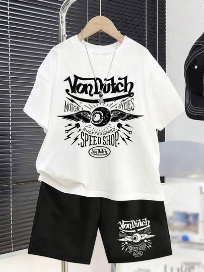 2pcs Boys Graphic Print T-Shirt Set, Retro Style Casual Short Sleeve Tees, Crew Neck, Soft Comfortable Summer Daily Wear
