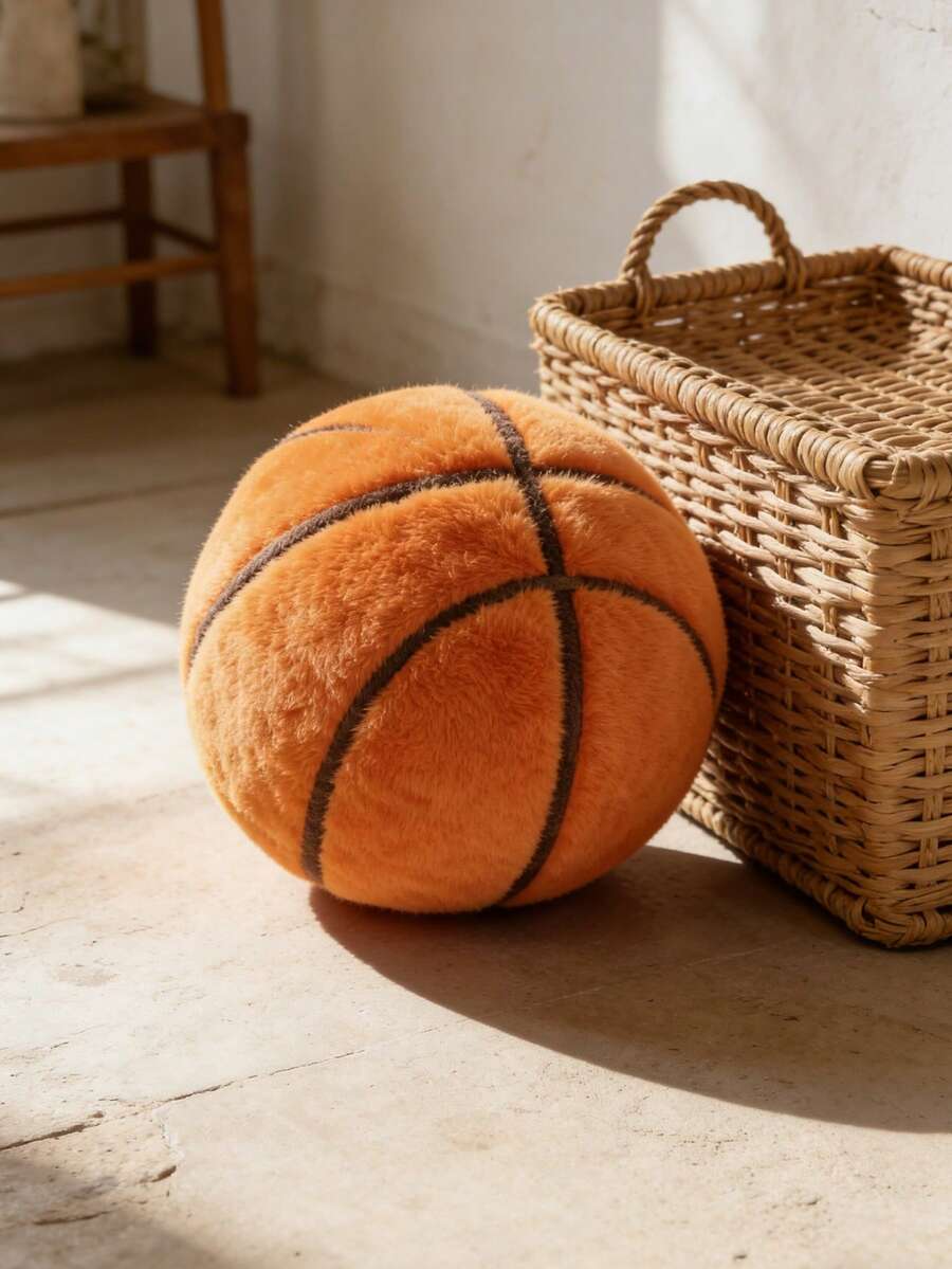 1pc Creative Basketball Shaped Plush Throw Pillow, Small Orange Spherical Cushion, Sports Style Home Decor - Orange - View 1
