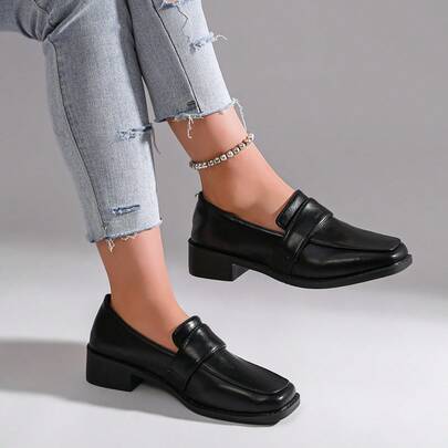 Women's Square Toe Chunky Heel Loafers, Comfortable Slip-On Thick Sole Penny Loafers, Women's Casual Office Work Shoes