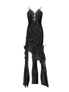 Gothic Velvet Lace Mermaid Maxi Dress, Rose Tassel Cross Formal Gown - Black - View 7