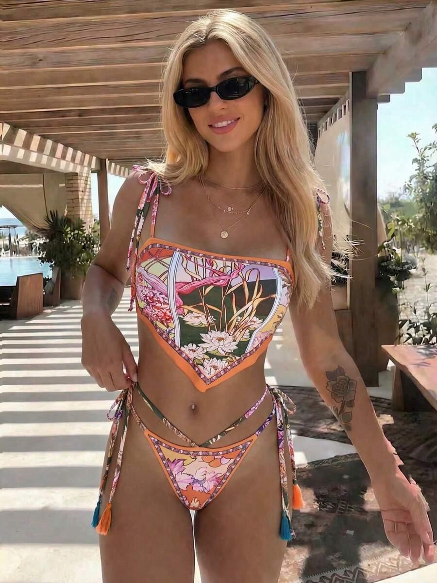 New Arrival Spring/Summer Floral Print Tie-Front Bikini, Elegant Casual Sexy Swimsuit With Vibrant Floral Print And Contrast Trim, Suitable For Beach, Vacation, Date, Party - Multicolor - View 1