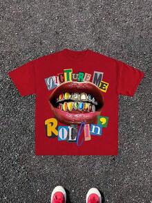 PICTURE ME ROLEIN, Street Wear, Y2K, (Cotton Streetwear T-Shirt) Men's Graphic Tees, Round Neck, Loose Fit, Fall & Holiday Travel, Unisex, Goth & Y2K - 紅色 - 查看 1