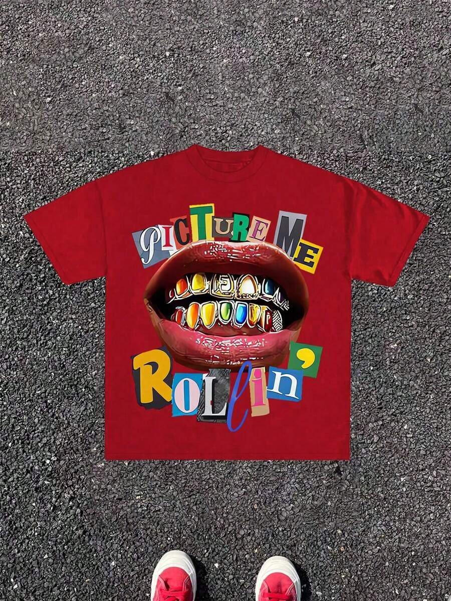 PICTURE ME ROLEIN, Street Wear, Y2K, (Cotton Streetwear T-Shirt) Men's Graphic Tees, Round Neck, Loose Fit, Fall & Holiday Travel, Unisex, Goth & Y2K - 紅色 - 查看 1