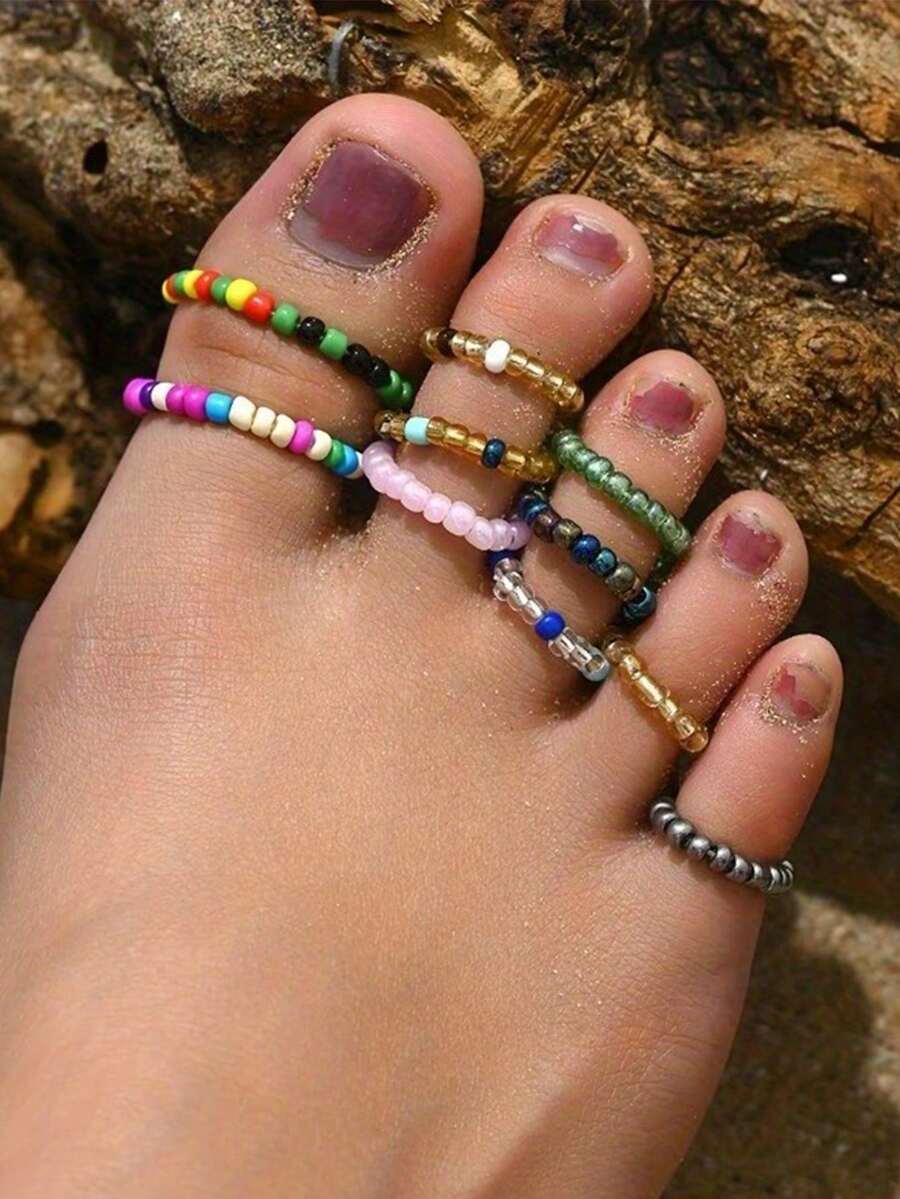 1/10/25 piezas Anillos elásticos de cuentas de semilla de colores aleatorios, estilo bohemio versátil de playa, conjunto de anillos de dedo y anillos de dedo del pie de cuentas de semilla de colores estilo Ins, anillos de dedo del pie elásticos, regalo de joyería personalizada adecuado para uso diario, regalo perfecto para fiestas y vacaciones, accesorio multifuncional para hombres y mujeres en atuendos casuales y de vacaciones - Multicolor - Ver 1