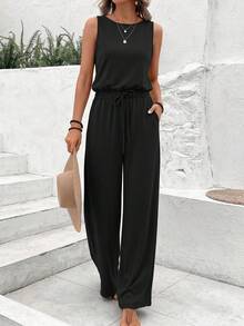 Spring/Summer Women's Casual Crew-Neck Sleeveless Drawstring Wide-Leg Pants For Vacation Jumpsuit - Black - View 1