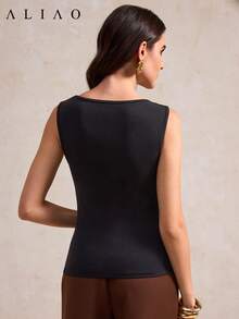Aliao Spring/Summer Rhinestone Mesh Sheer Round Neck Sleeveless Bodycon Tank Top, Elegant & Fashionable For Daily, Party, Date Wear Casual Black - Black - View 7