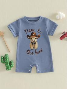 Peleles para bebés varones con estampado de vaca estilo western, cuello redondo y manga corta. - Azul - Ver 1