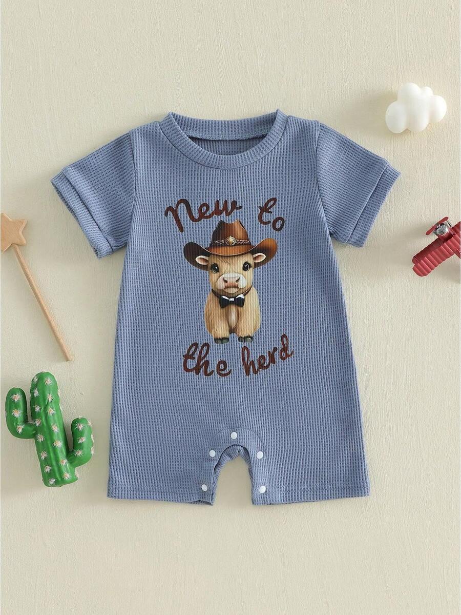 Peleles para bebés varones con estampado de vaca estilo western, cuello redondo y manga corta. - Azul - Ver 1