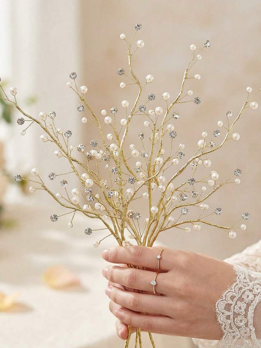 1pc Handmade Crystal & Faux Pearl Wedding Bouquet For Bride