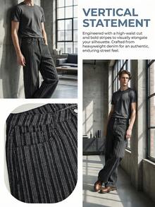Pantalones vaqueros rectos y holgados con rayas verticales jacquard para hombre ONE.DINY, estilo casual de negocios, pantalones de ocio - Negro - Ver 5