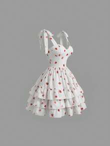 Robe mini d'été élégante et mignonne pour femmes avec motif de fraise, robe patineuse avec nœud papillon sans manches - Multicolore - Voir 3