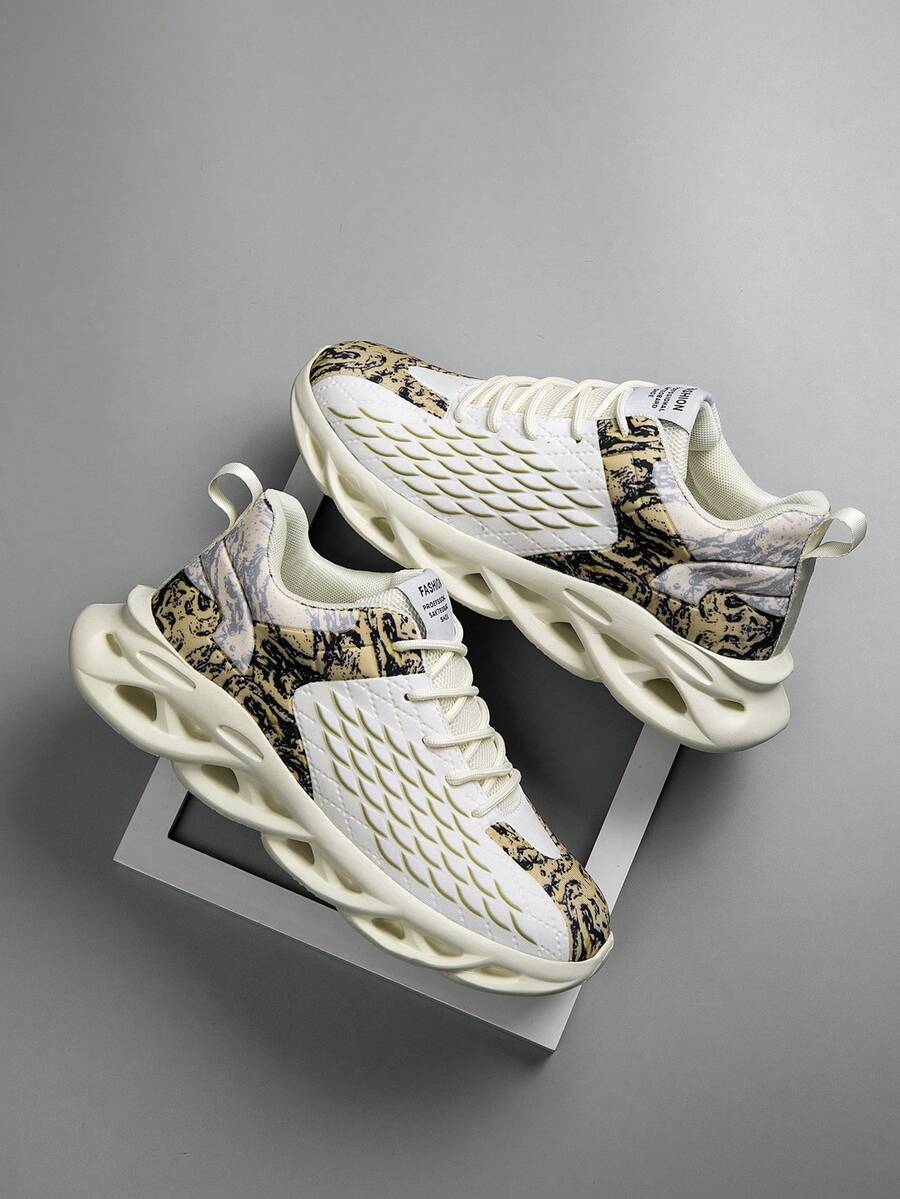 Men's Color-Blocked Retro Sneakers, Breathable Mesh Upper, Stylish Street Outdoor Hiking Shoes, Casual Men's Road Running Shoes. - Màu be - Xem 1