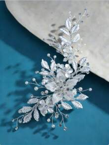 1pc Iron Leaf & Pearl Rhinestone Hair Clip - Silver - View 8