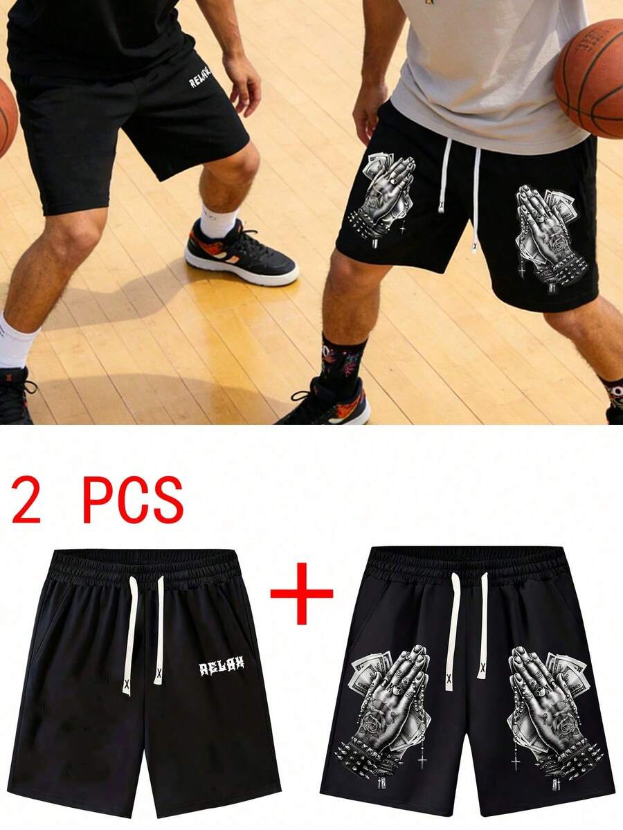 2件/組 男士夏季運動短褲,彈性腰帶,休閒街頭風,輕量適合健身與日常穿著 - 黑色 - 查看 1