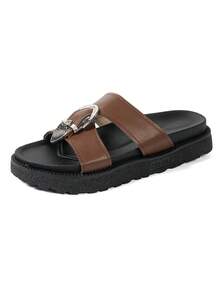 Minimalist Style Wedge Slippers For Women, Metal Buckle Decor, Comfortable Slip-On Sandals Suitable For Summer Outfits - Brown - View 6