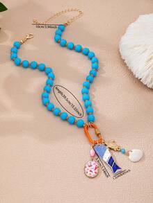 1 件彩色树脂串珠项链，带登山扣吊坠，波西米亚风项链，配有可替换珐琅心形鱼形吊坠，适合夏季度假装扮的波西米亚 Y2K 风格首饰 - 彩色 - 查看 7