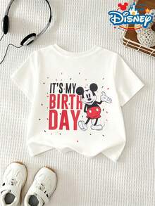 Official Authorization Disney Original Mickey Mouse Birthday Print Kids T-Shirt, Boys Girls Cute It's My Birthday Graphic Short Sleeve Tee, Summer Casual Tops For Birthday Party Daily Wear, Children's Clothing Holiday Gift - 白色 - 查看 3