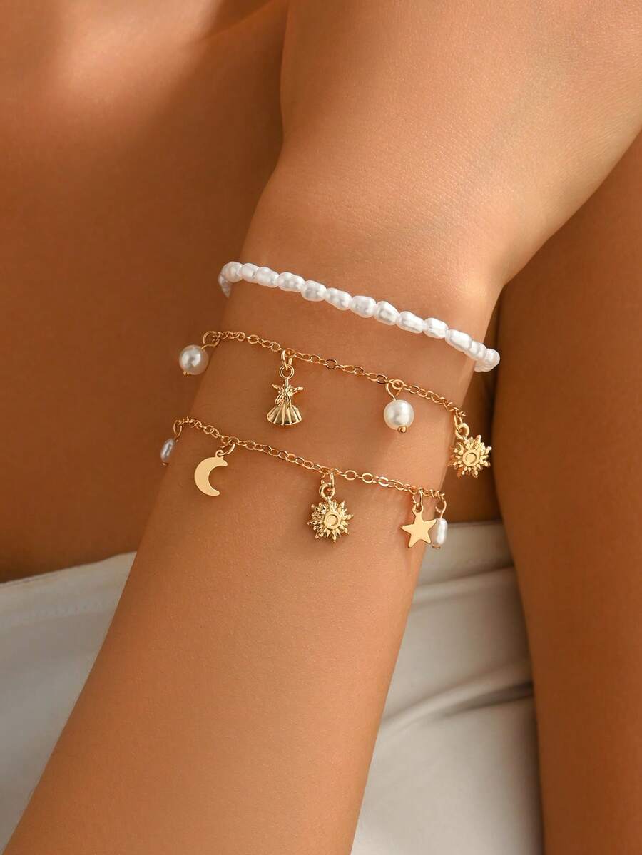 3pcs/Set Elegant Faux Pearl Bracelet With Fashionable Star & Moon Pendant, Suitable For Daily Wear, Photo Shooting, Travel, Dating, Dinner Party. The Number Of Simulated Pearls Is Random. - Multicolor - View 1