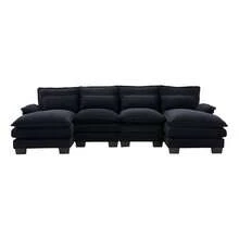 Modern 107.87" U-Shaped Chenille Cloud Sofa With Two Recliners-A Soft And Comfortable 4-Seater Modular Sofa Bed Featuring Double Side Storage Pockets And Cushions Pillows. Filled With High-Density Sponge And Designed For Ergonomic Comfort, Features Sturdy And Durable Wooden Frame. Suitable For Living Rooms, Bedrooms, Offices, And Apartments.(Black) - Black - View 8