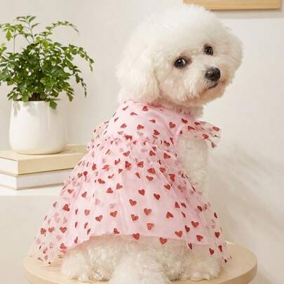 PETSIN Pink Heart Mesh Princess Dress, Pet Dress Suitable For Valentine's Day, Party, Cats & Dogs