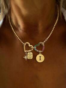 1 PC Gold Double&Colorful Heart Buckle Letter Necklace, With Luxury Eight Pointed Star And A-Z 26 Letter Pendant Necklace,Stainless Steel Chain, For Work, Daily Life, Banquets, Decor, Unique And Luxury Necklace - Yellow Gold - View 17