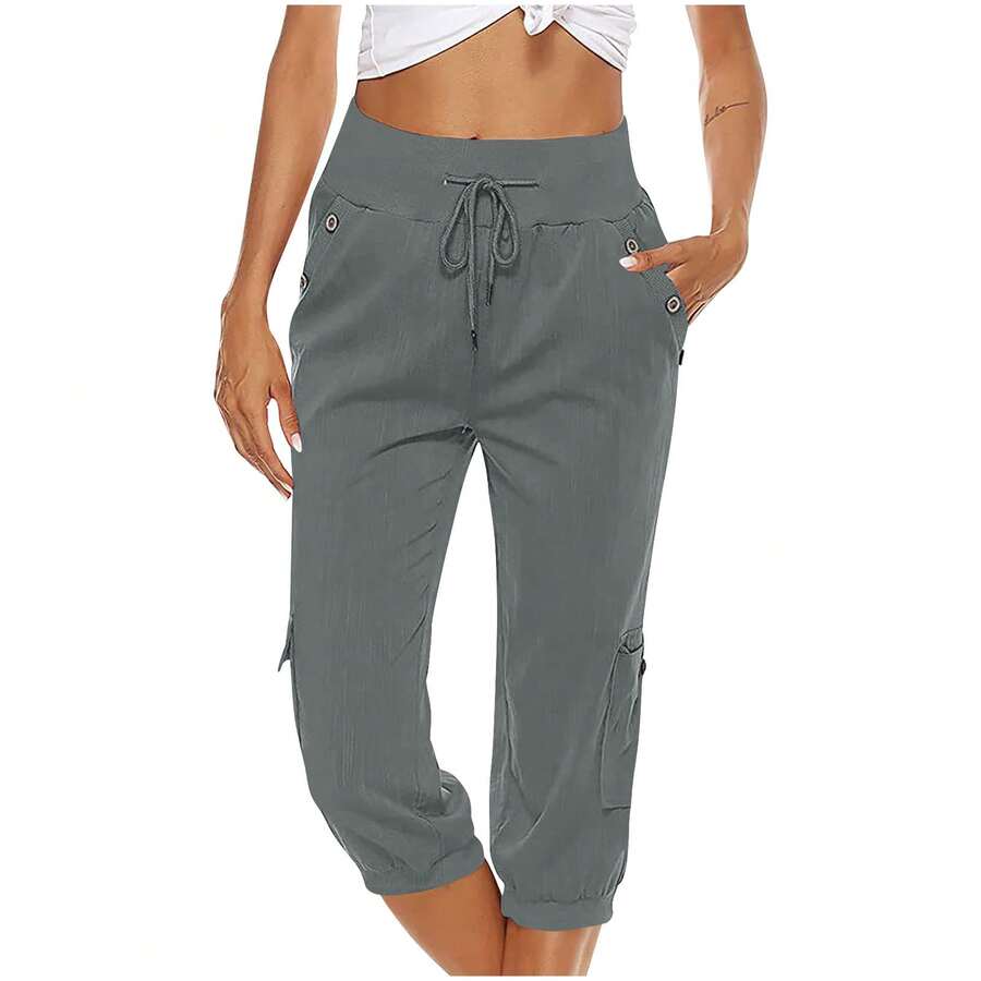 Cotton Linen Capri Pants For Women Drawstring Baggy Summer Cropped Pants Comfy High Waist Loose Resort Outfits - Màu Xám nhạt - Xem 1