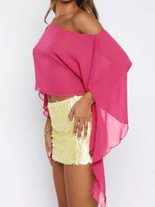 Women's Ruched Cape One Shoulder Poncho Double Layer Shrug See Through Flowy  Asymmetrical Neck Fitted Crop Top - Hot Pink - View 2