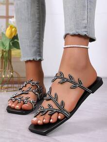 Women's Flat Sandals With Leaf-Shaped Rhinestone Strap Decor, Square Toe Slip-On Design, Suitable For Outdoor, Vacation And Casual Occasions - Black - View 4