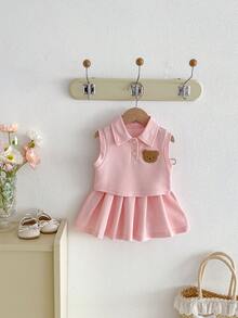 Miniweenns 2件組幼女返校套裝，學院風卡通POLO背心＋百褶裙套裝，可愛女嬰校服 - 粉色 - 查看 4