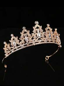 1pc Women's Red Gold Rhinestone Bridal Crown, Elegant Elegant Suitable For Wedding, Ball, Party Wear Bride Headband - Gold - View 5