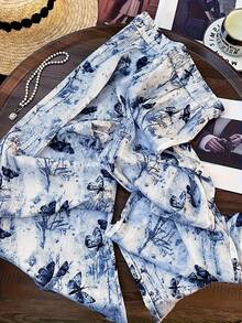 Women's High Waist Retro Black Butterfly Pattern Straight Leg Pants, Suitable For Casual Outings And Vacations In Spring/Summer - Blue - View 3