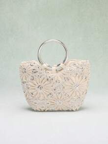 1pc Beige Hollow Crochet Floral Pattern Sequin Patchwork Women's Tote Bag, Metallic Silver Round Handle Handbag, Suitable For Summer, Countryside Style And Beach Vacation (Floral Sequin Pattern Randomly Distributed) - Beige - View 4