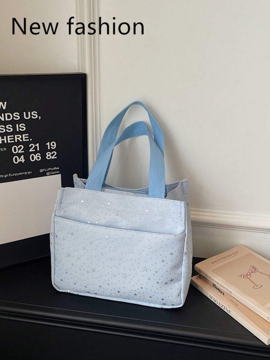 浅蓝色星形帆布手提包，可爱休闲星形图案手提包，轻便大容量，是日常购物、午餐和户外活动的理想之选 - 藍色 - 查看 1