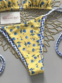 2pcs Retro Floral Colorblock Plaid Print Bikini Swimwear, Suitable For Beach, Pool, Cruise, Party In Spring And Summer Vacation - Yellow Background With Floral Pattern and Blue and White Checkered Pattern - View 5