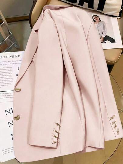 Áo blazer dáng suông cổ ve lật màu hồng, kiểu dáng thường ngày, màu hồng, thích hợp cho mùa xuân.