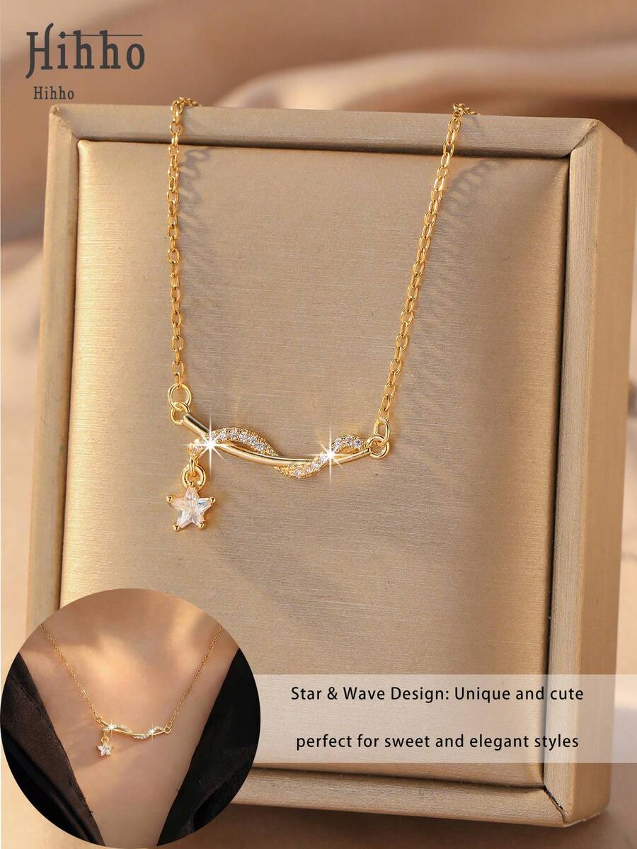 Hihho 1pc Delicate Starry Necklace, Exquisite Cubic Zirconia Design, Feminine Necklace Suitable For Daily Wear And Beach Summer Outfits - Necklace - View 1