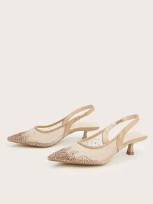 Sandales à talons hauts élégantes et glamour pour femmes, avec maille ajourée et entièrement ornées de strass à bout pointu. Convient pour les fêtes, les mariages et les banquets. - Nude - Voir 3