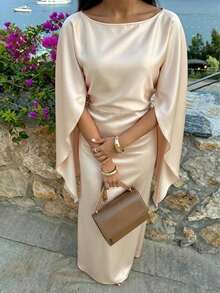 Elegantes lässig Damen Kleid, aus glatter Strickware gefertigt, mit Bootsausschnitt, extra langen Ärmeln, Rückenbindung, A-Linie Saum, geeignet für den täglichen Frühlingstragekomfort - Champagnerfarben - Übersicht 2