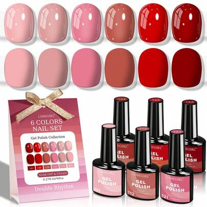  Juego de 6 esmaltes de uñas de gel rojos de LIMEGIRL - Esmalte de gel rojo tipo jalea, brillo con glitter, serie regular para diseños de arte de uñas, kit de manicura en casa y salón con secado UV LED, regalo primaveral para mujeres