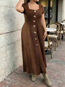 Womens Summer Plus Size Long Dress Solid Color Short Sleeve Square Neck Front Floral Button Decor A Line Dress - Marrón - Ver 6