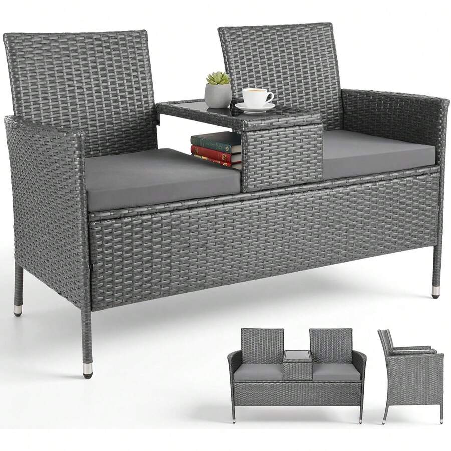 Polyrattan Garden Bench With Table, Balcony Furniture Set Of 2 With Soft Seat Cushions, Garden Furniture Set For Small Balconies, Weatherproof, UV-Resistant, Outdoor Bench For Patio, Garden - 灰色 - 查看 1