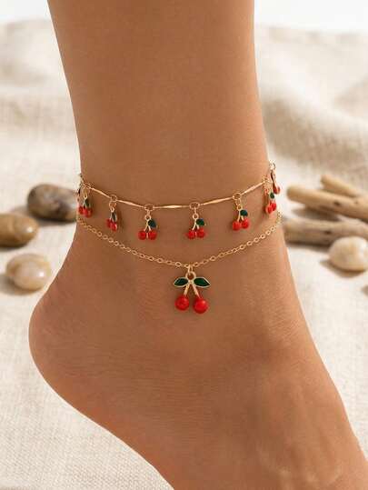 2pcs/Set Cute Copper Enamel Cherry Pendant Tassel Anklet, Fashionable Foot Jewelry Suitable For Daily Wear, Beach, Date, Party. Handmade Chain Can Be Cut To Desired Length, Cherry Pendant Quantity Not Fixed
