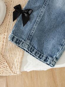 Young Girls 2-Piece Set: Gray Sequin Bow Decor Short Sleeve Top + Wide Leg Denim Pants, Summer - White - View 4