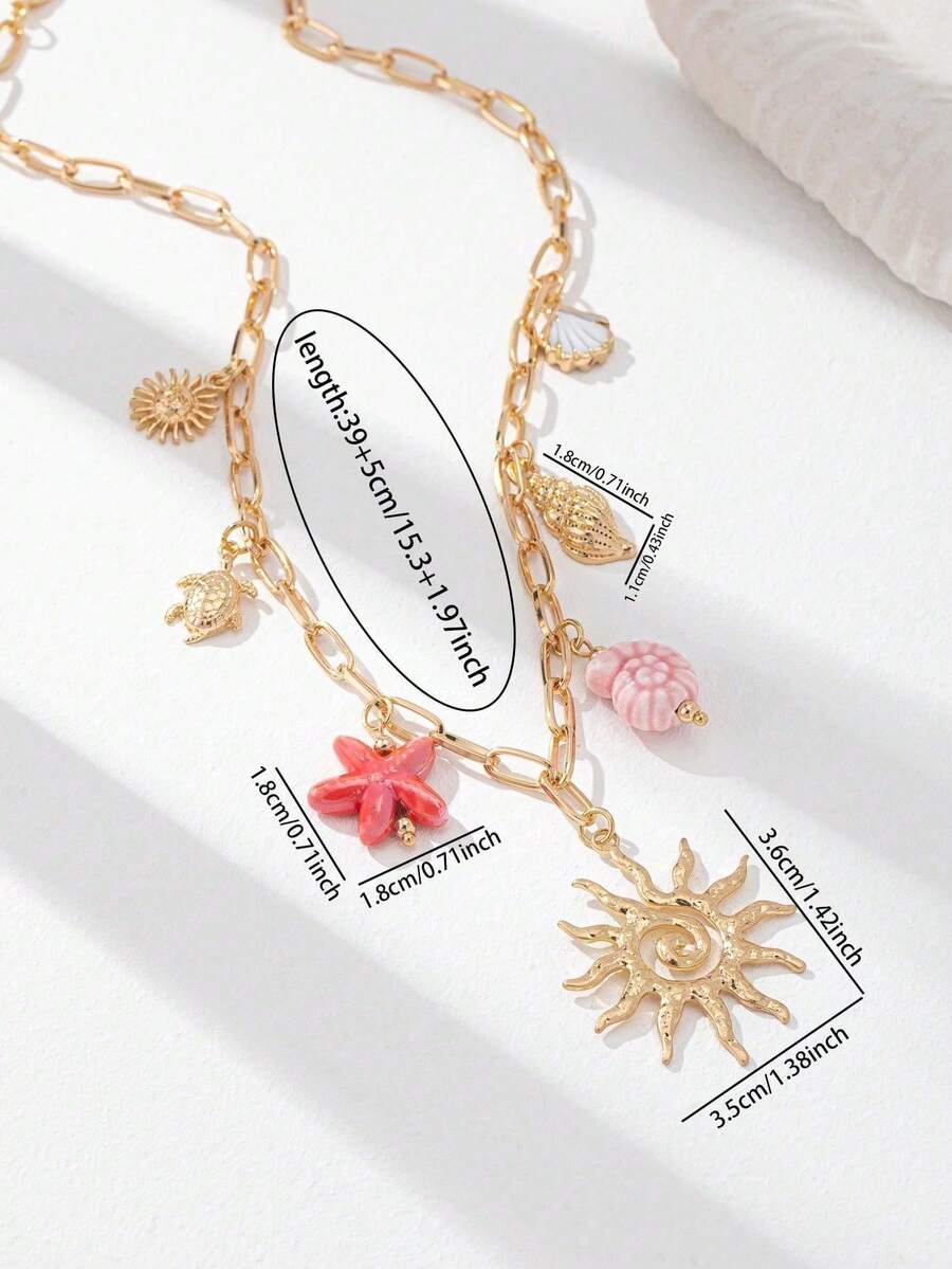 1pc Handmade Sunburst Charm Necklace, Summer Sealife Charms Necklaces, Vacation Style Beachy Jewelry Accessories (Shape And Color Have Random Variations) - Multicolor - View 1