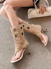 Sepatu Bot Setinggi Paha Berkerut Baru 2026, Sepatu Bot Berkuda Tinggi Vintage Ujung Lancip, Sandal Jepit - Khaki - View 8