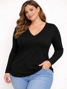 Women's Plus Size Black Long-Sleeved Blouse With A V-Neck, Fitted Design, And Highly Stretchy Ribbed Fabric, Ideal For Everyday Wear. - 黑色 - 查看 1