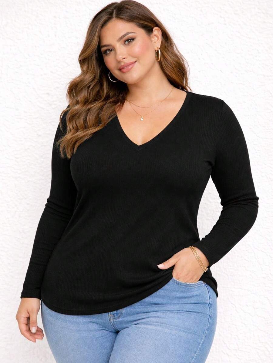 Women's Plus Size Black Long-Sleeved Blouse With A V-Neck, Fitted Design, And Highly Stretchy Ribbed Fabric, Ideal For Everyday Wear. - 黑色 - 查看 1