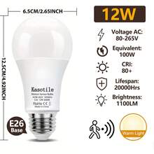 Kasotile 1个带运动传感器的LED灯泡 - 自动开关，E26灯座，3000K暖白光/6000K日光白光，80V–265V宽电压 - 适用于车库、门廊、楼梯间、露台、室外走廊和室内环境 - 白色 - 查看 10